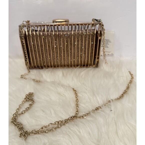 Zara Limited Edition Rhinestones Metallic Golden Cage Style Box Clutch Bag Chain - Picture 6 of 14